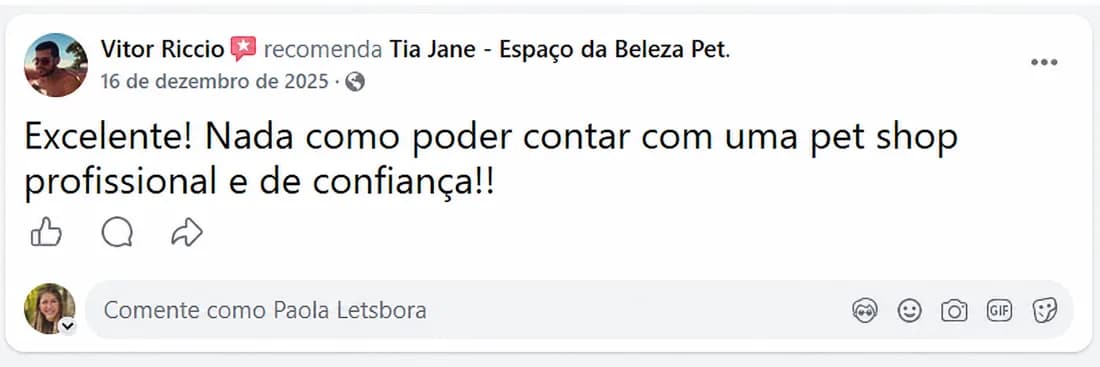 Vitor Riccio (dez/2025) recomenda a Tia Jane no Facebook: “Excelente! Nada como poder contar com uma pet shop profissional e de confiança!”