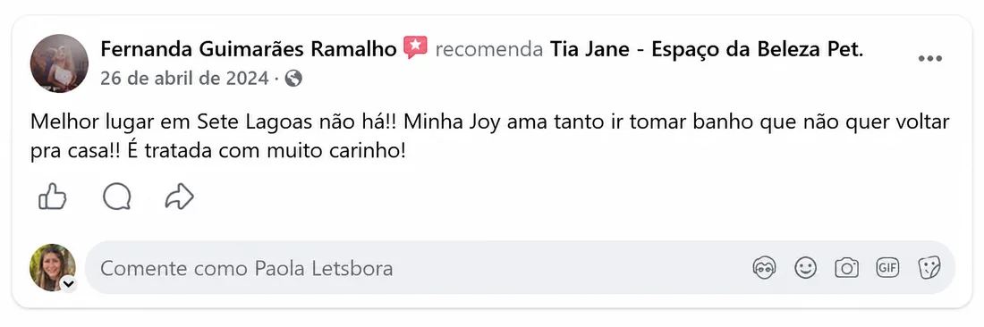 Fernanda Ramalho (abr/2024) recomenda a Tia Jane no Facebook: “Melhor lugar em Sete Lagoas não há! Minha Joy ama tanto ir tomar banho que não quer voltar pra casa. É tratada com muito carinho!”
