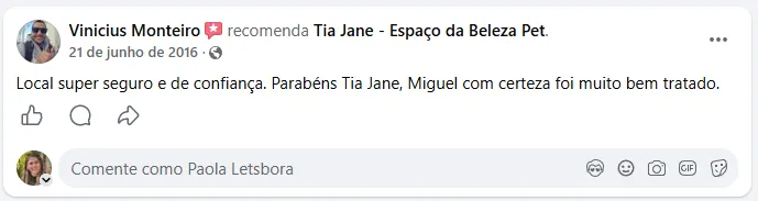 Vinicius Monteiro (jun/2016) recomenda a Tia Jane no Facebook: “Local super seguro e de confiança. Parabéns, Tia Jane — o Miguel com certeza foi muito bem tratado.”