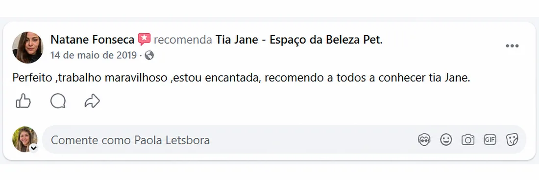 Natane Fonseca (mai/2019) recomenda a Tia Jane no Facebook: “Perfeito, trabalho maravilhoso, estou encantada. Recomendo a todos conhecerem a Tia Jane.”