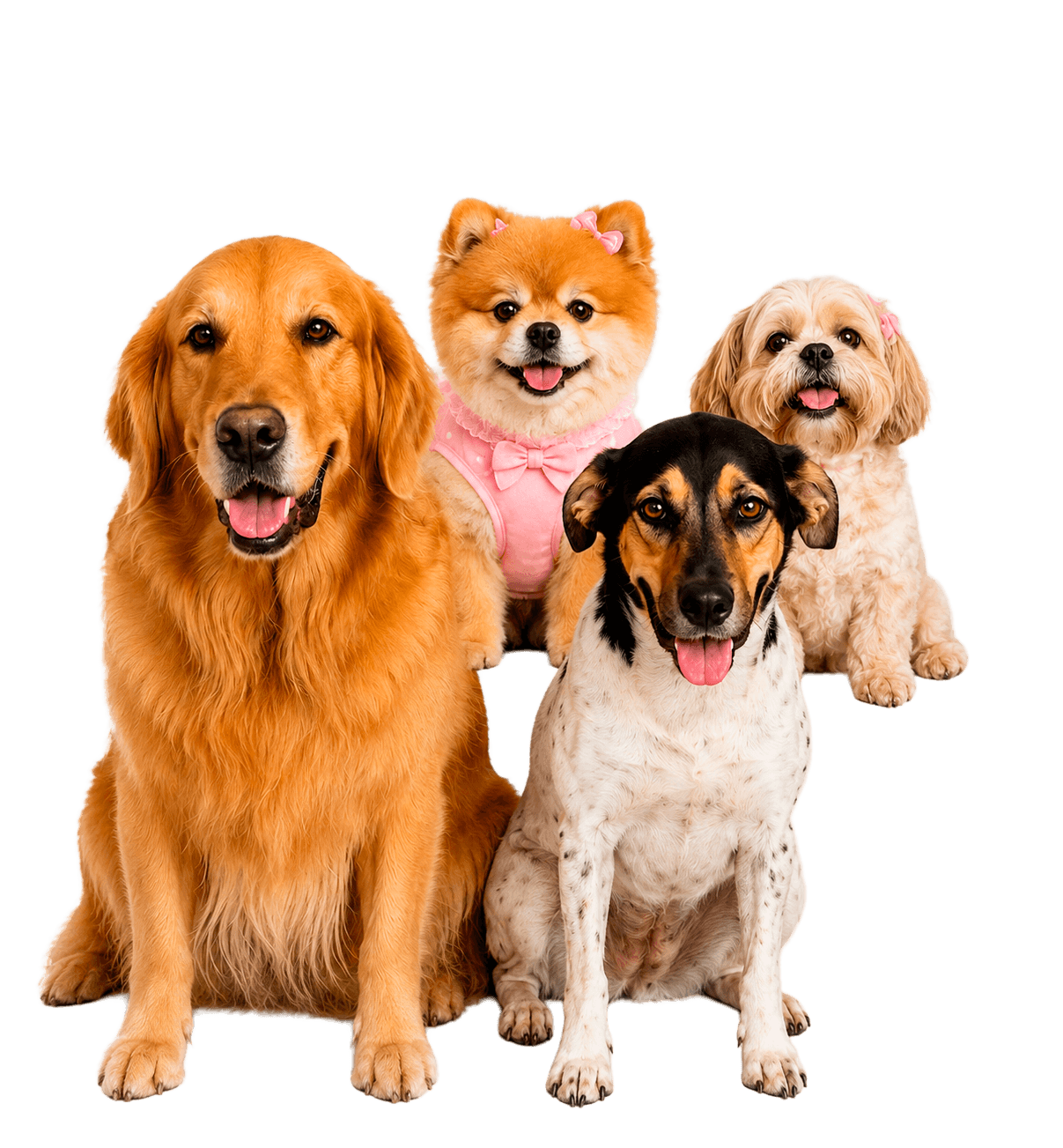 Pets atendidos na Tia Jane: golden retriever, lulu da pomerânia, shih tzu e vira-lata